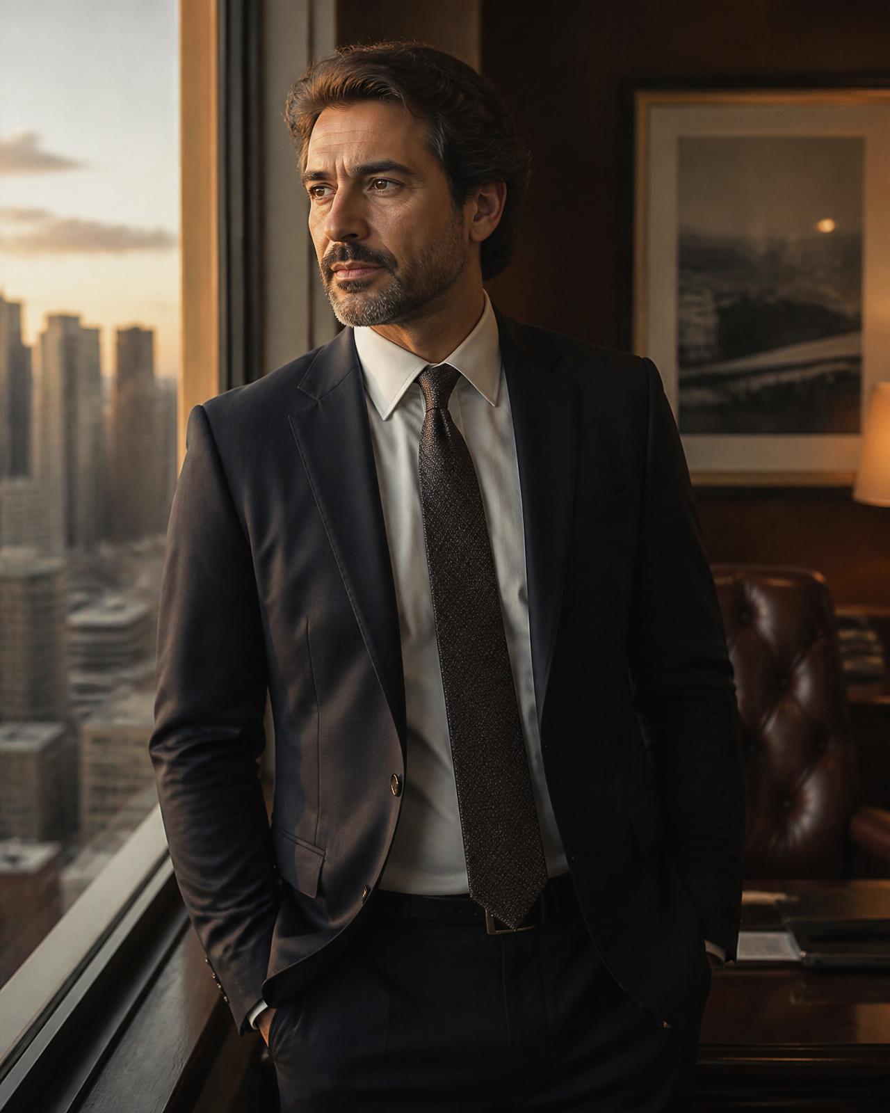 Executivo em ambiente corporativo em momento de reflexão
